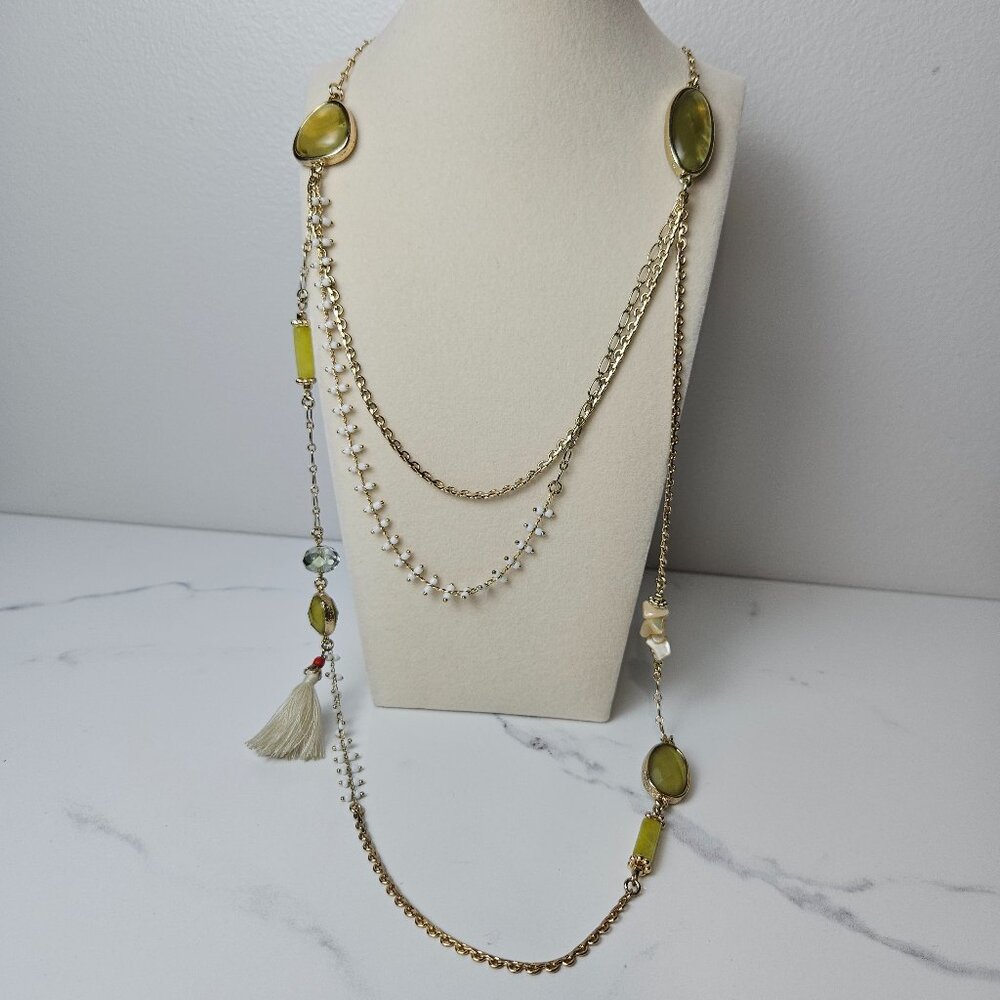 Chico's Multi Strand Jade Green Moxy Stone Tassel Long Necklace